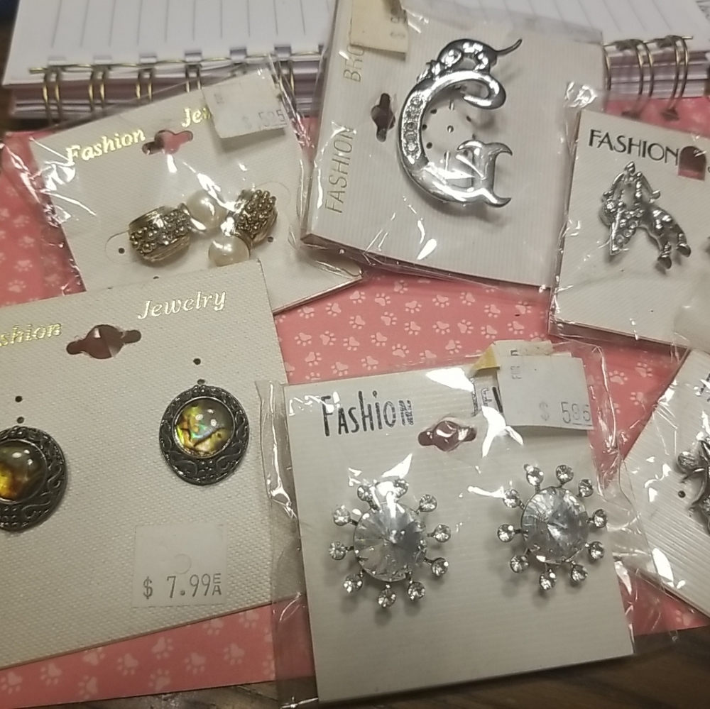 Lot of new in packages jewelry nice 1 pin w a G on it and kitty earrings